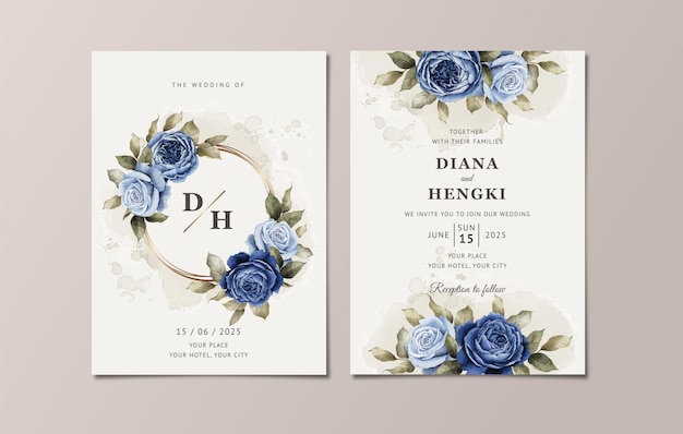 Floral wedding invitation template set with elegant navy blue roses and leaves