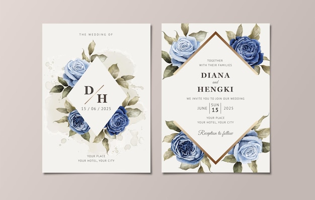 Floral wedding invitation template set with elegant navy blue roses and leaves