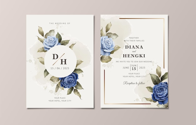 Floral wedding invitation template set with elegant navy blue roses and leaves