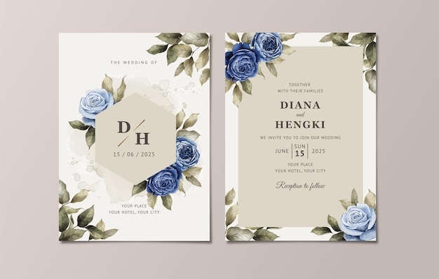 Floral wedding invitation template set with elegant navy blue roses and leaves