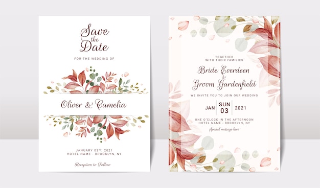 Floral wedding invitation template set with  flowers and leaves decoration. Botanic card design concept