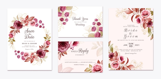 Vector floral wedding invitation template set with gold burgundy and brown roses flowers and leaves decoration. botanic card design concept