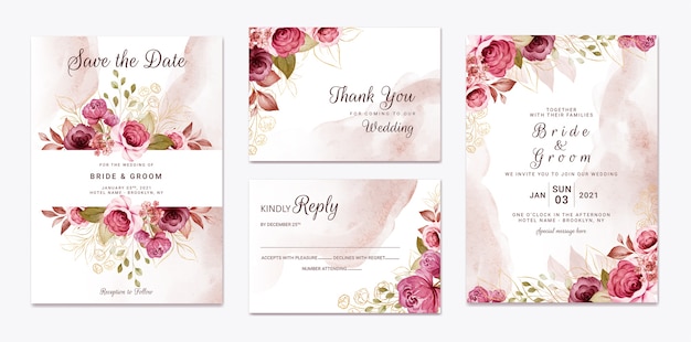 Floral wedding invitation template set with gold burgundy and brown roses flowers and leaves decoration. Botanic card design concept