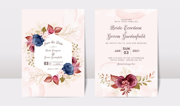 Floral wedding invitation template set with gold burgundy