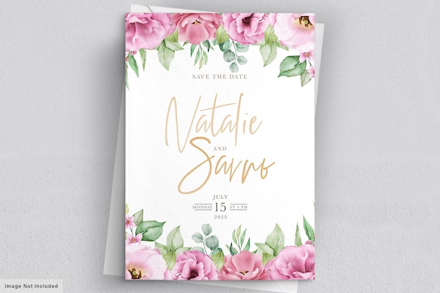 Floral wedding invitation template set with pink roses flowers and leaves