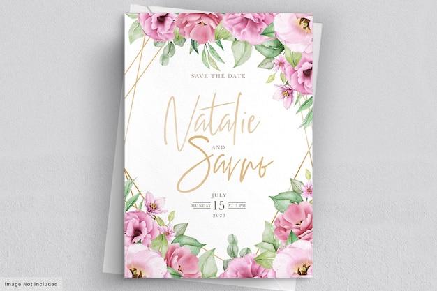 Floral wedding invitation template set with pink roses flowers and leaves