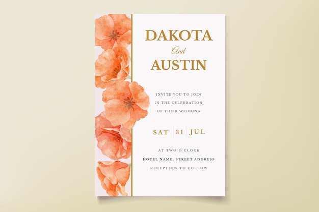 Floral wedding invitation template set with poppies flowers decoration