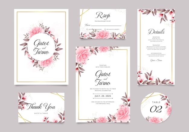 Floral wedding invitation template set with red watercolor roses and gold frame decoration