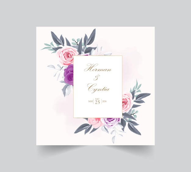 Floral wedding invitation template with beautiful flowers and leaves decoration

