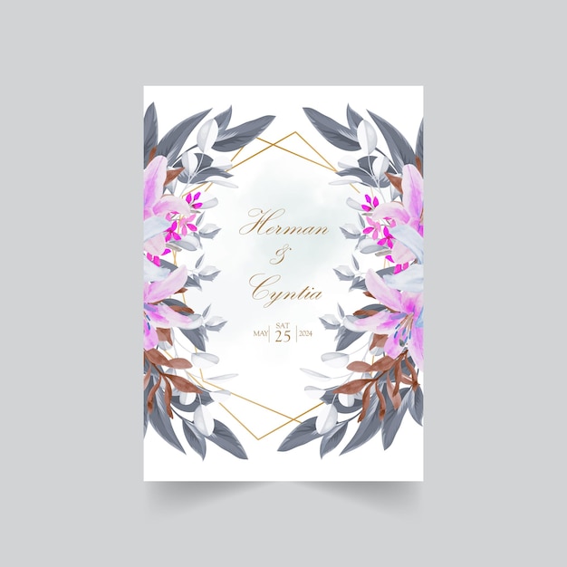 Floral wedding invitation template with beautiful flowers and leaves decoration

