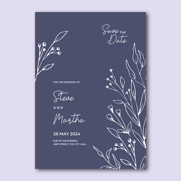 Vector floral wedding invitation template with organic hand drawn leaves and flower decoration