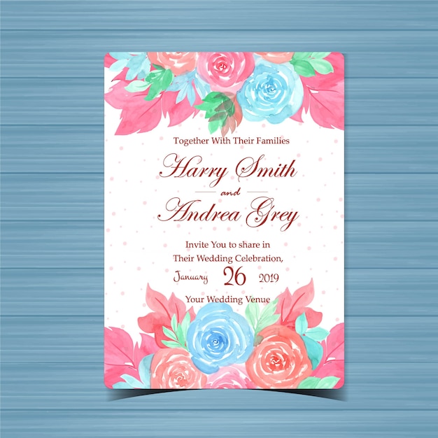 Floral Wedding Invitation with Beautiful Blue and Pink Roses