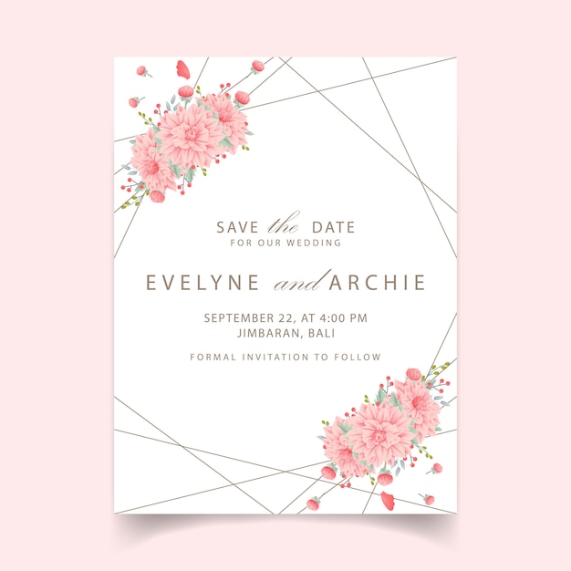 floral wedding invitation with dahlia flower 