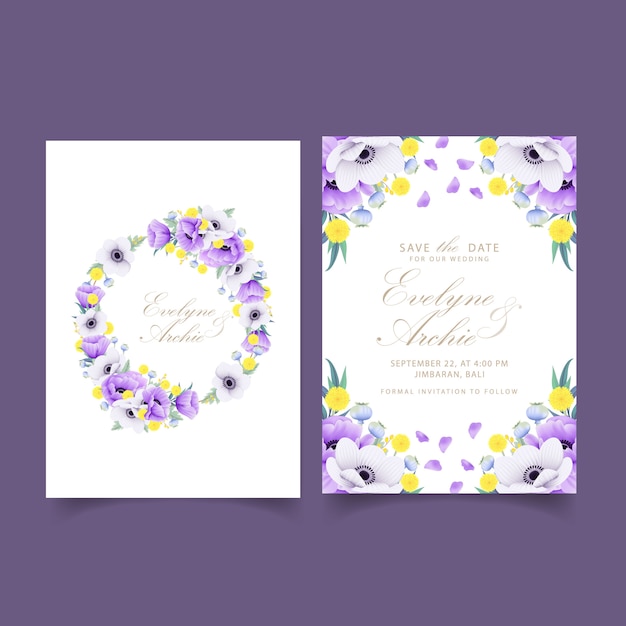 floral wedding invitation with eucalyptus, poppy, anemone  and craspedia flower