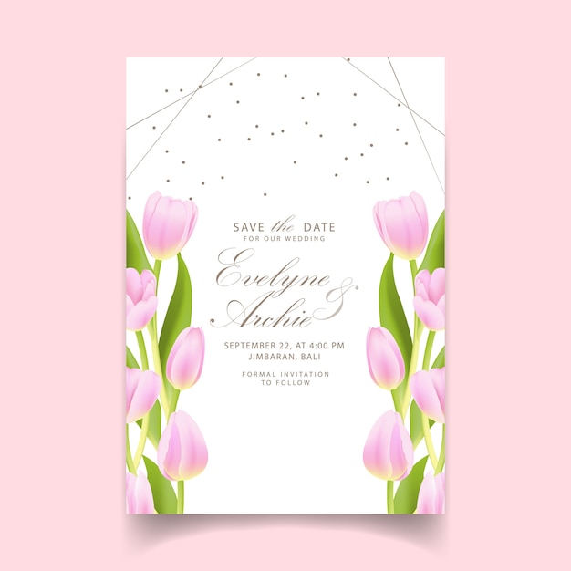 Vector floral wedding invitation with pink tulip flower 