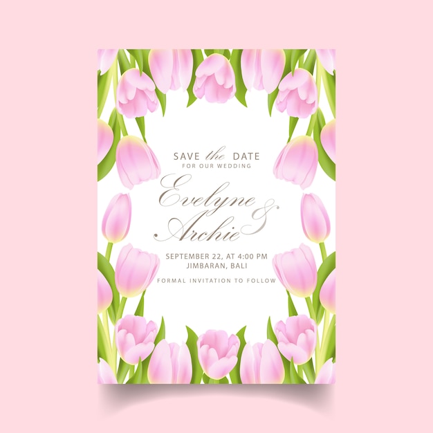 Vector floral wedding invitation with pink tulip flower