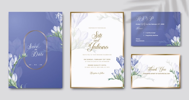 floral wedding invitiation set template with blue background with blue flower premium vector