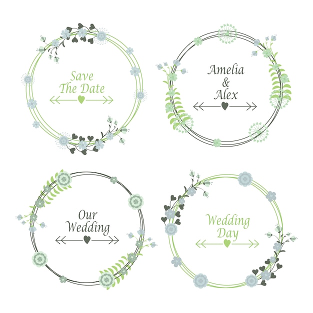 Floral wedding label set vector design template with turquoise and green flowers