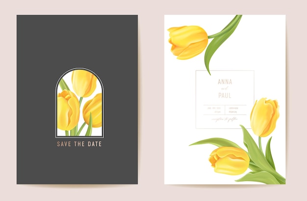 Floral wedding modern tulip vector Invitation. Flower Save the Date set. minimal spring card. Realistic template frame, foliage cover, summer background, trendy design, luxury brochure