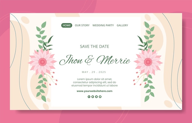 Floral Wedding Social Media Landing Page Template Flat Cartoon Background Vector Illustration