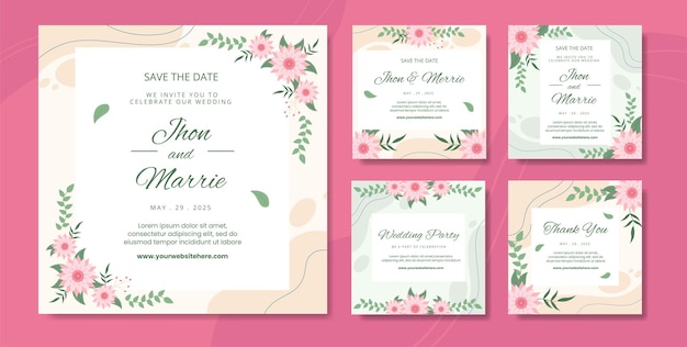 Floral Wedding Social Media Post Template Flat Cartoon Background Vector Illustration