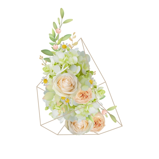 floral with garden roses and hydrangea in terrarium