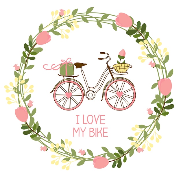 floral wreath and bike for invitations and greeting cards