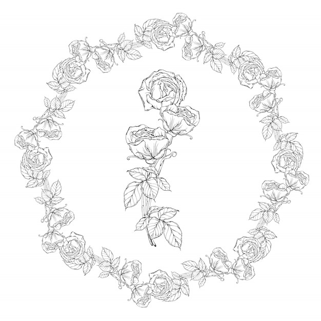 Floral wreath, black and white rose flowers