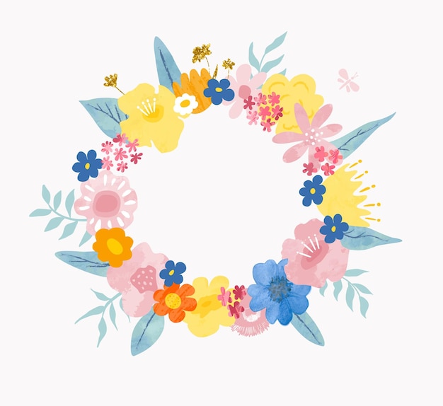 Floral wreath of colorful beautiful flowers isolated on a white background Vector clipart