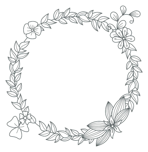 Floral wreath drawing Black line botany decoration isolated on white background