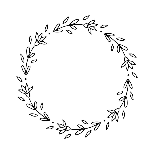 Floral wreath isolated on white background Round frame with flowers hand drawn doodle illustration