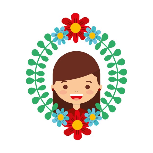 Floral wreath leaves with happy girl