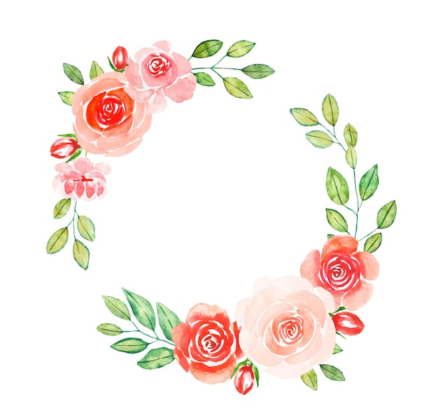 Floral wreath of red roses and leaves watercolor