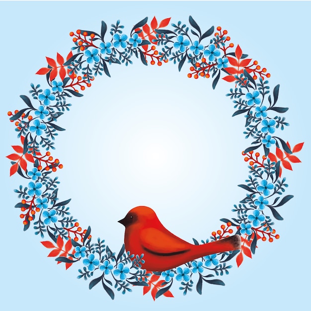 Floral wreath with blue and red flowers and red bird