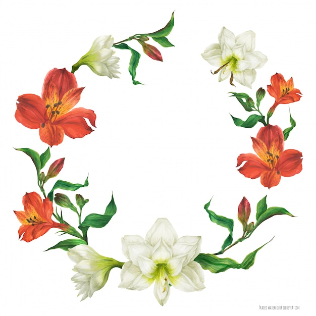 Floral wreath with red and white lily flowers