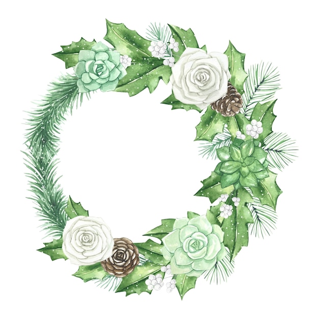 Floral wreath with white roses succulents spruce branches