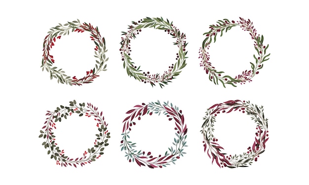 Floral wreaths with leafy berry twigs and branches vector set