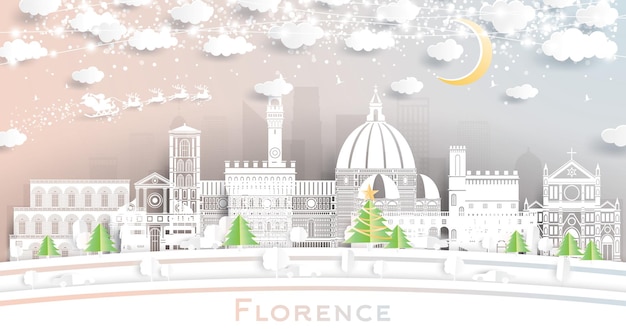 Florence Italy City Skyline in Paper Cut Style with Snowflakes Moon and Neon Garland