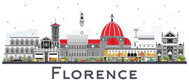 Florence Italy City Skyline with Color Buildings Isolated on White. Vector Illustration. Business Travel and Tourism Concept with Modern Architecture. Florence Cityscape with Landmarks.