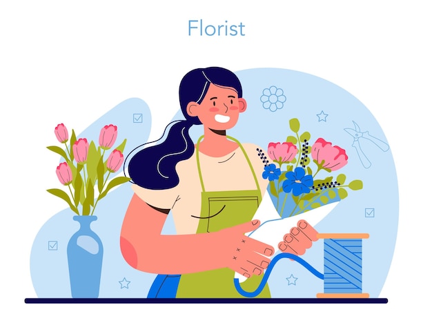 Florist concept. Floral designer making or arranging bouquet for customer. Creative occupation in flower shop. Floristic business. Flat vector illustration