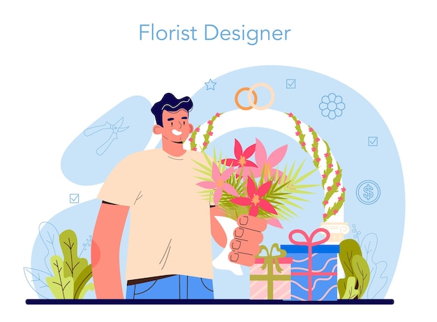 Florist concept floral designer making or arranging bouquet for