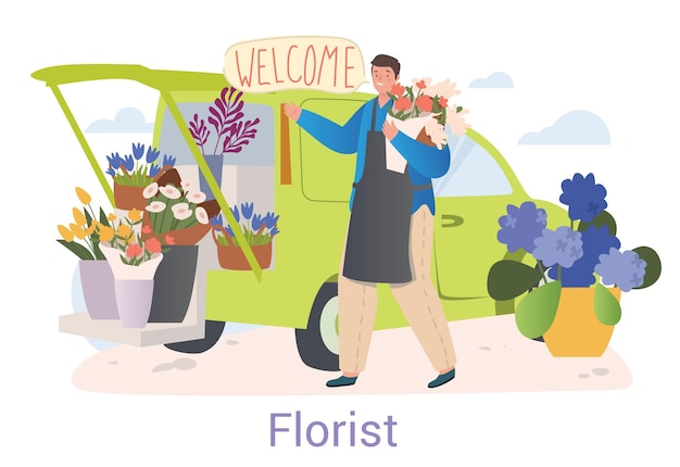 Vector florist with bouquets of cut and potted flowers displayed on car or small delivery vehicle with