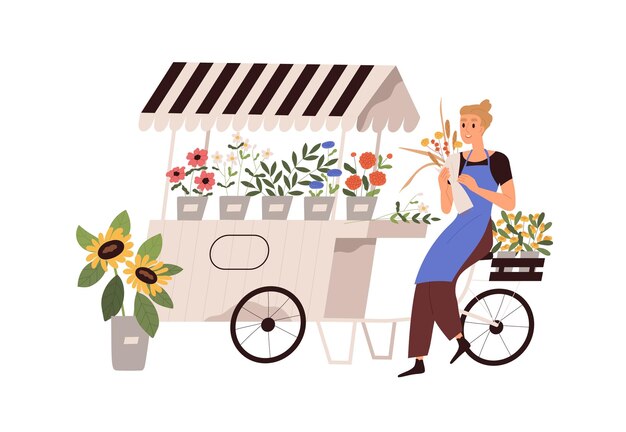 Florist woman at flower market. Vendor in apron at outdoor flora shop with fresh blossomed plants in pots and vases. Street trade of retail store. Flat vector illustration isolated on white background