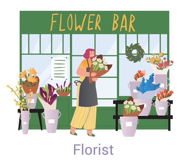 Vector florist working outside her shop the flower bar placing bouquets of cut flowers in containers