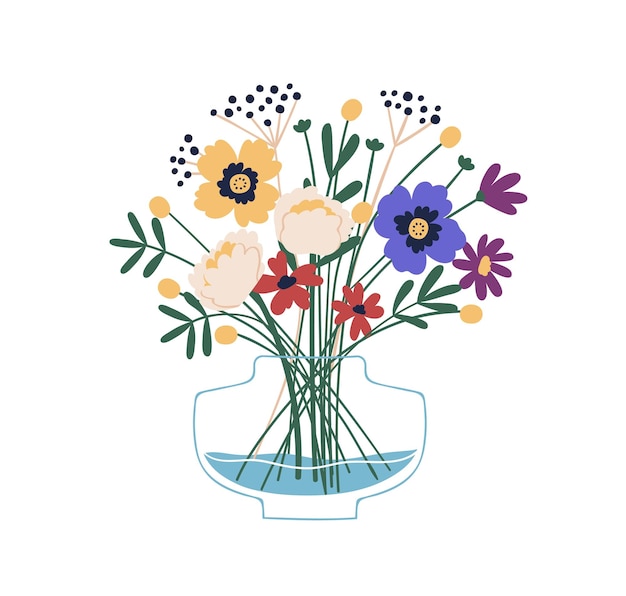 Floristic composition of beautiful garden and meadow flowers in glass vase. Elegant bouquet of wildflowers. Bunch of peonies, anemones, craspedia. Flat vector cartoon illustration isolated on white.