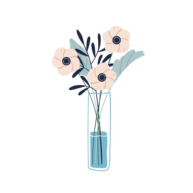 Floristic composition of garden flowers in glass vase. Beautiful bouquet of cut fresh anemones and meadow leaves branches. Flat vector cartoon illustration isolated on white.