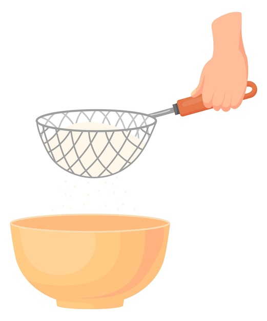 Flour sifting icon Cartoon sifter in human hand