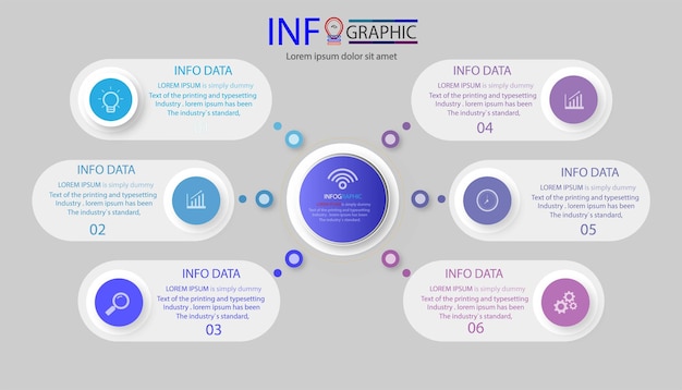 Flow chart diagram with circle elements infographic design template 6 option