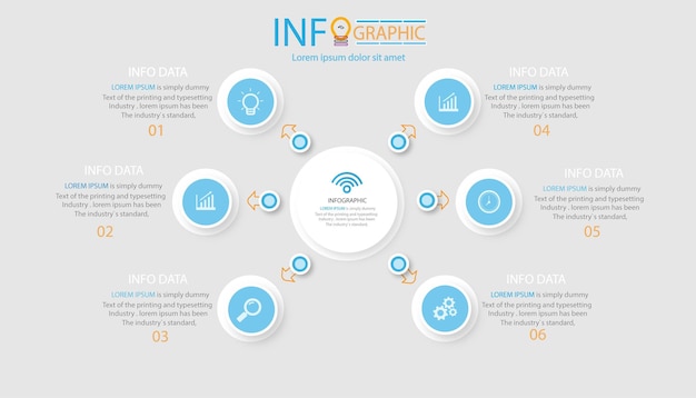 Flow chart diagram with circle elements infographic design template 6 options