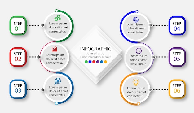 Flow chart diagram with circle elements infographic design template 6 options